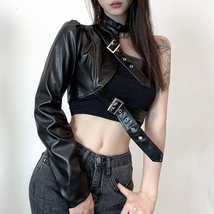 One Shoulder PU Cropped Coat , - Streetwear Jackets - Slick Street