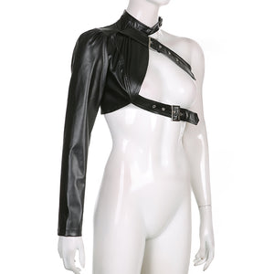 One Shoulder PU Cropped Coat , - Streetwear Jackets - Slick Street