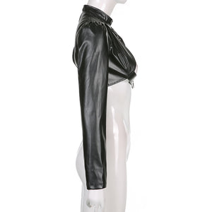 One Shoulder PU Cropped Coat , - Streetwear Jackets - Slick Street