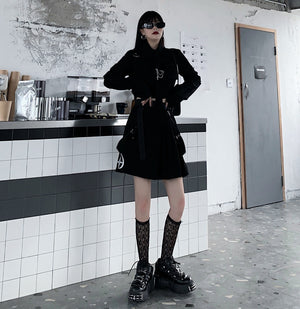 Dark Gothic Exposed Waist Skirt Suit , - Streetwear Jackets - Slick Street