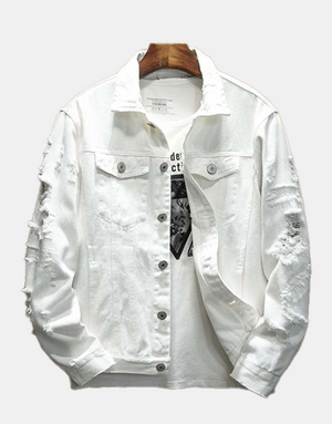 Distressed Denim Jacket White, XS - Streetwear Jackets - Slick Street