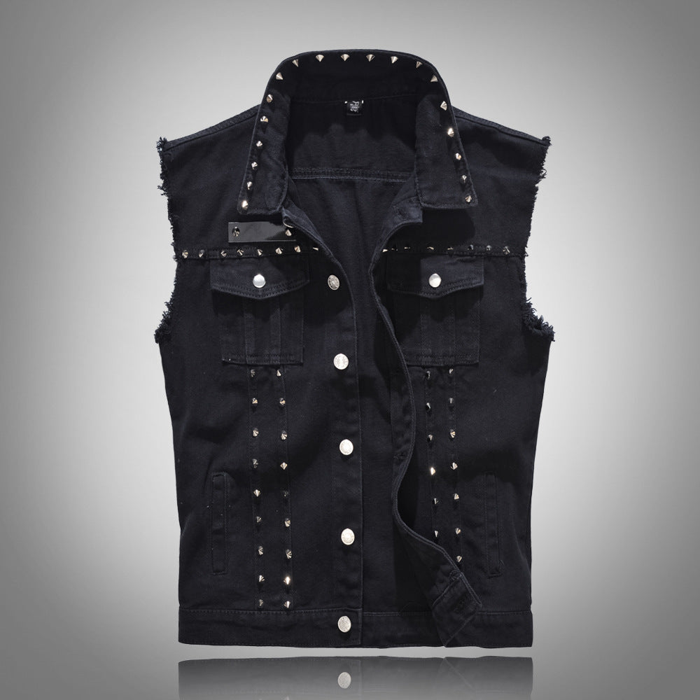 Edgy Studs Denim Vest Black, XS - Streetwear Vest - Slick Street