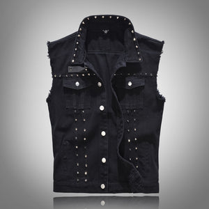 Edgy Studs Denim Vest Black, XS - Streetwear Vest - Slick Street