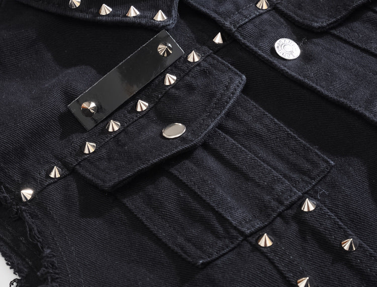 Edgy Studs Denim Vest , - Streetwear Vest - Slick Street