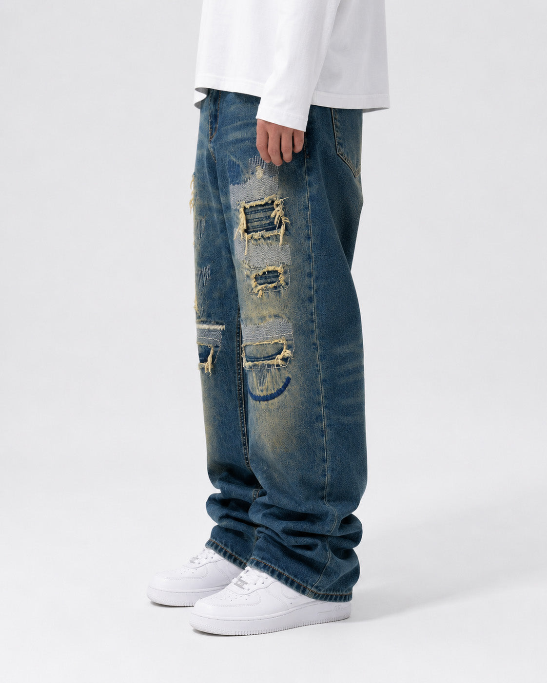 AM26 Ripped Patch Washed Jeans , - Streetwear Jeans - Slick Street