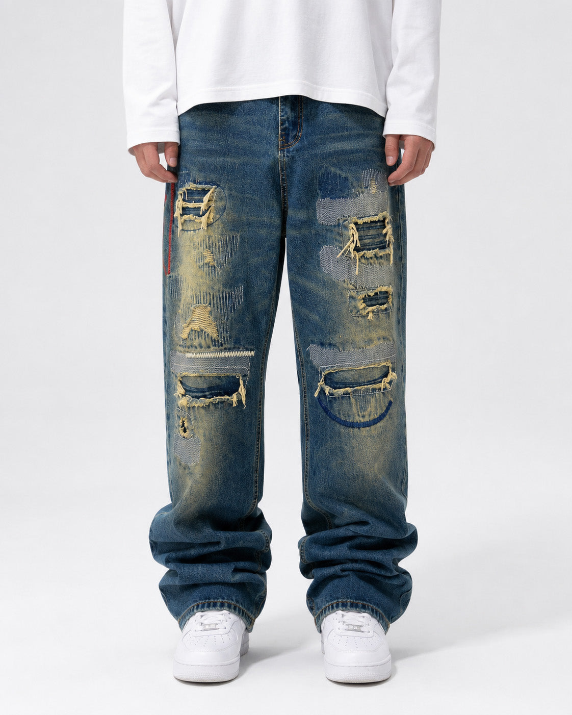 AM26 Ripped Patch Washed Jeans , - Streetwear Jeans - Slick Street