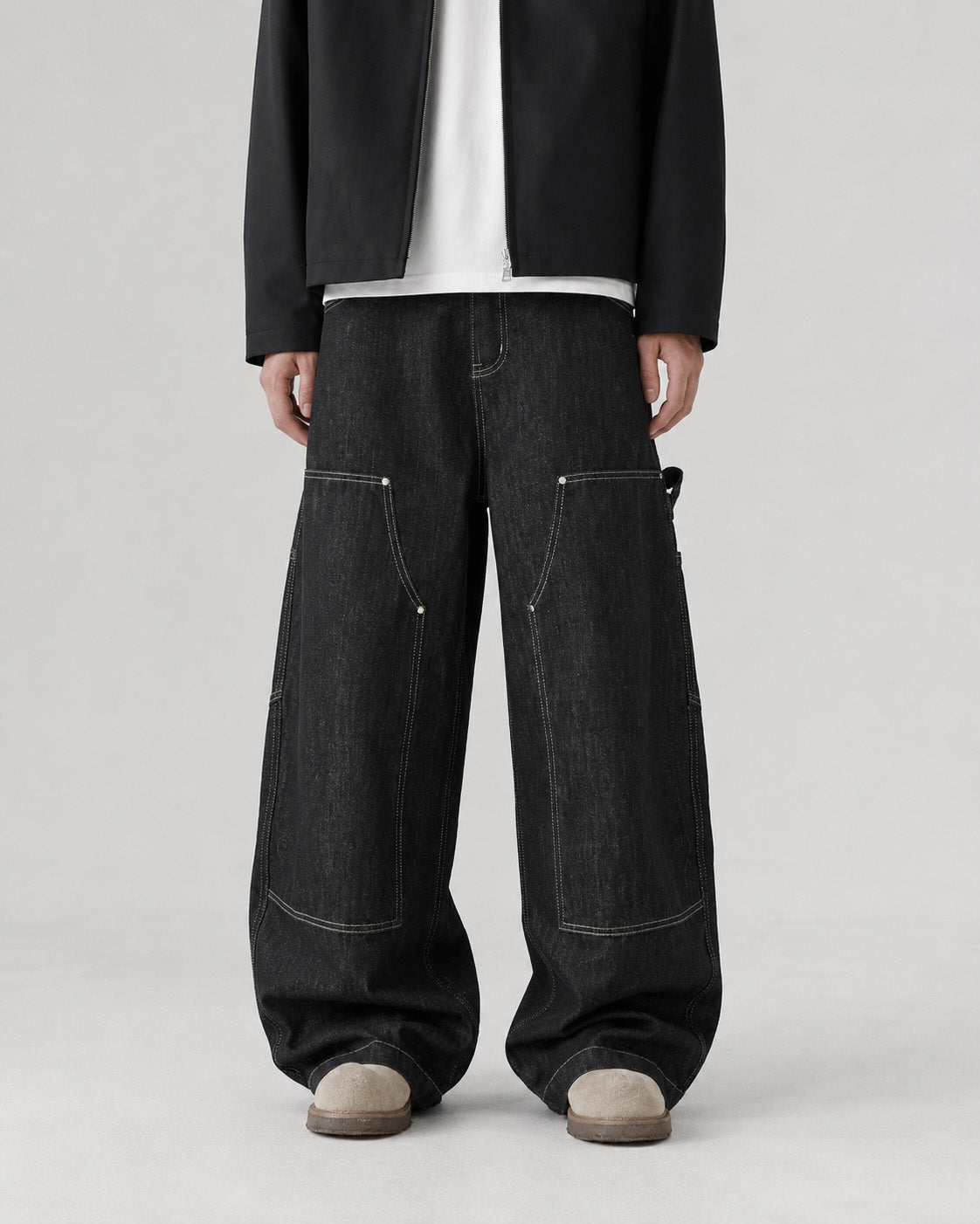 Contrast Stitch Carpenter Jeans Black, 28 - Streetwear Jeans - Slick Street