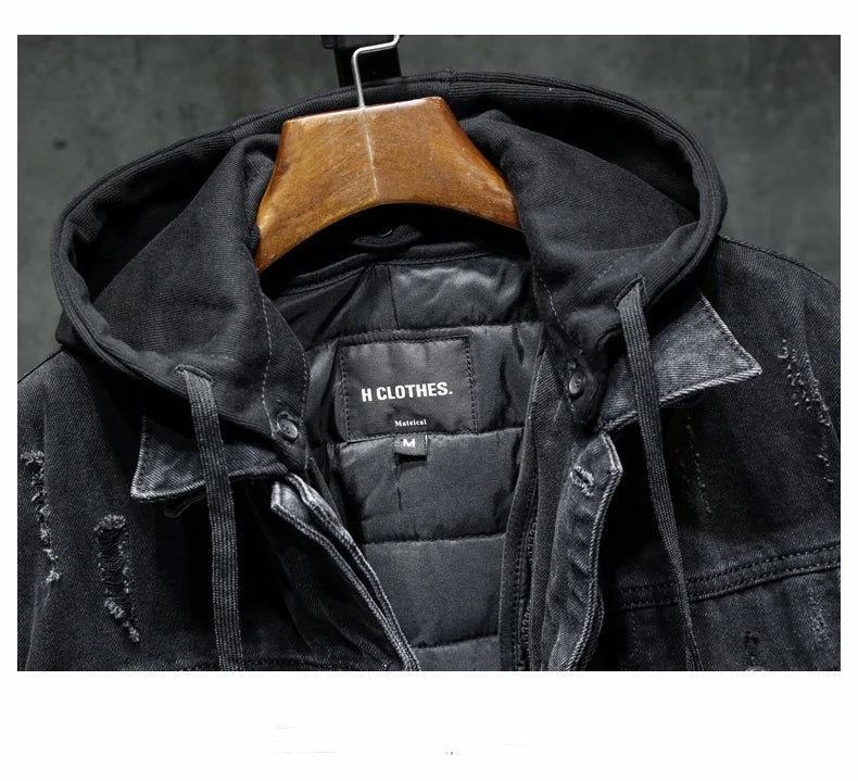 Coal Black Hooded Denim Jacket , - Streetwear Jacket - Slick Street