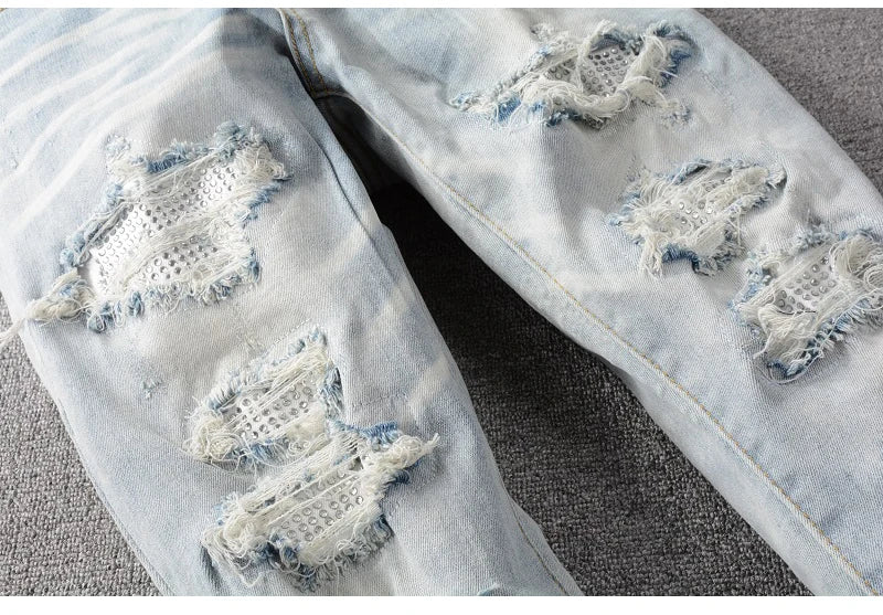 Light Blue Crystal Holes Pencil Pants , - Streetwear Pants - Slick Street