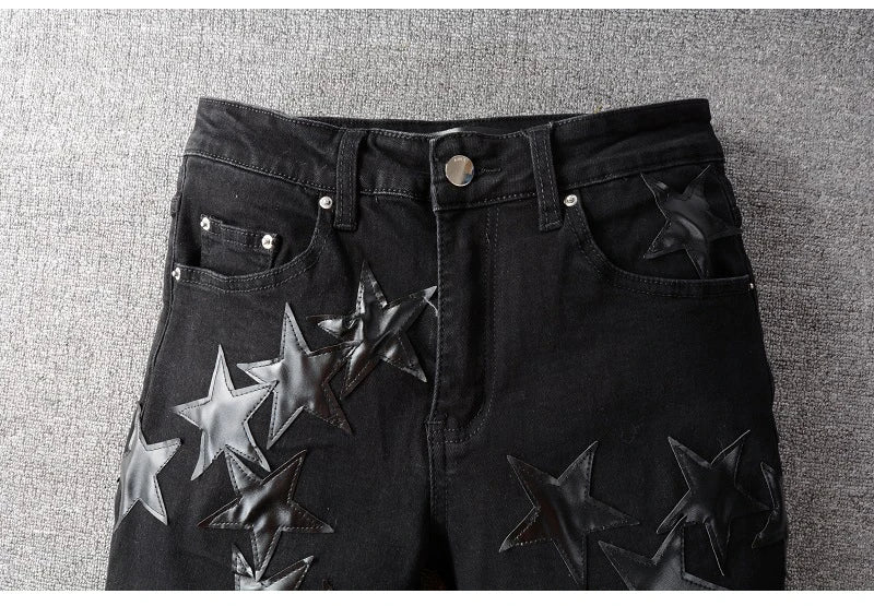 Ebony Black Stars Patch Jeans , - Streetwear Jeans - Slick Street