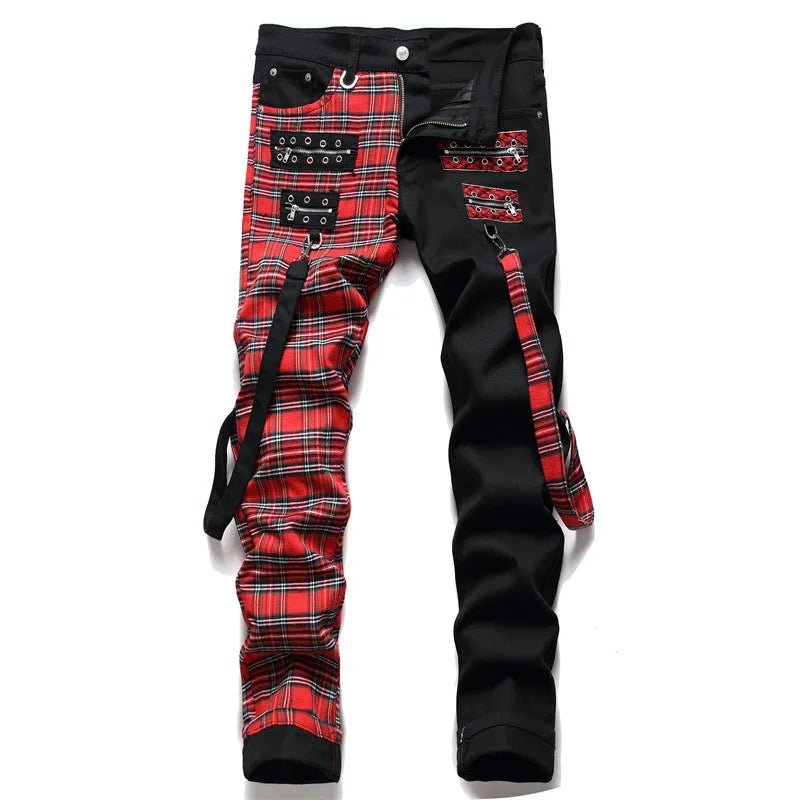 Scotland Plaid Spliced Slim Pants Black, 27 - Streetwear Pants - Slick Street