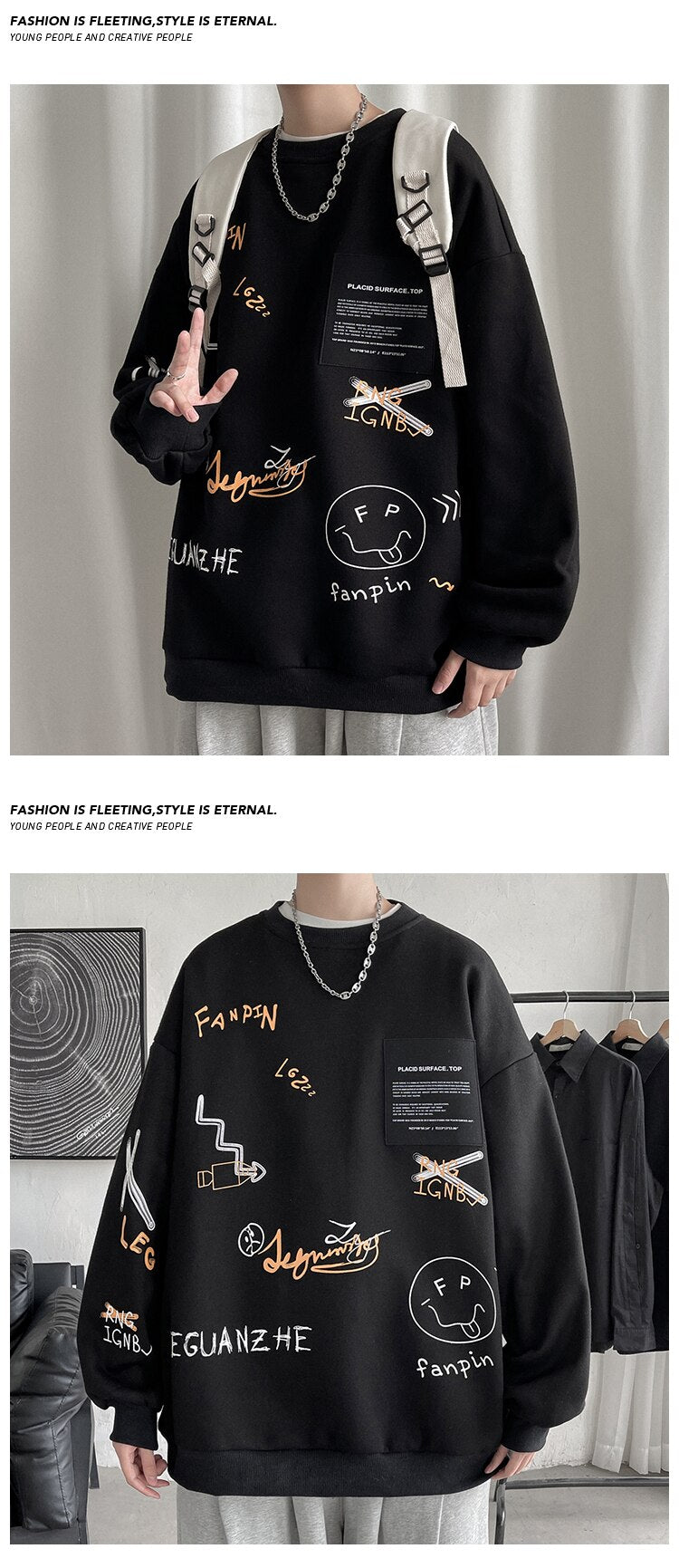 VEGUANZHE Emoji Pattern Pullover Sweatshirt , - Streetwear Sweatshirts - Slick Street