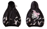 Red Crowned Crane Kangaroo Pocket Hoodie Black, XS - Streetwear Hoodie - Slick Street