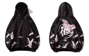 Red Crowned Crane Kangaroo Pocket Hoodie Black, XS - Streetwear Hoodie - Slick Street