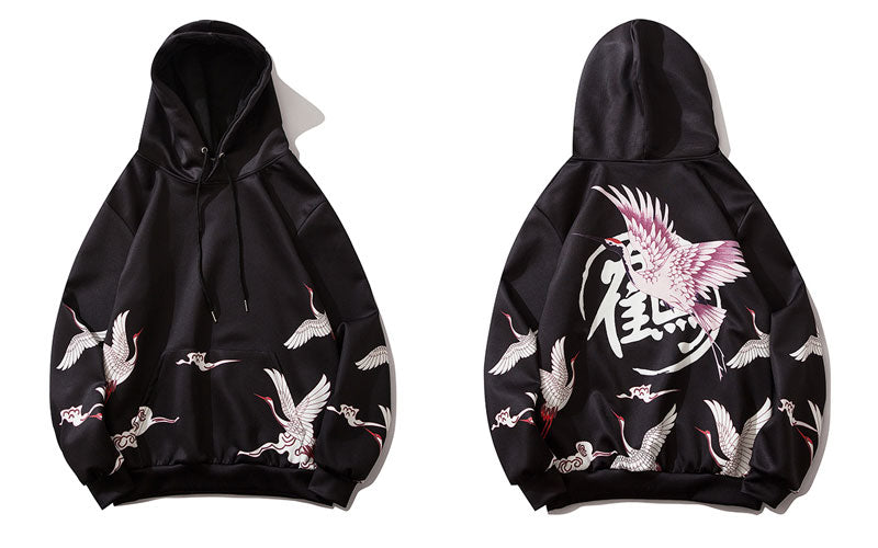 Red Crowned Crane Kangaroo Pocket Hoodie Black, XS - Streetwear Hoodie - Slick Street