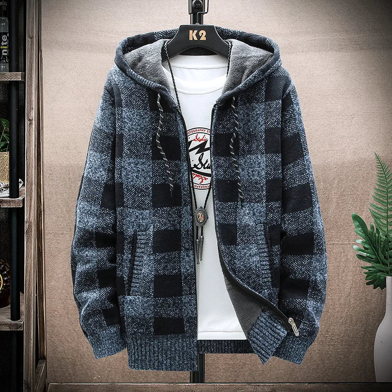 Plaid Chore Zipper Hoodie Grey Blue, M - Streetwear Hoodie - Slick Street