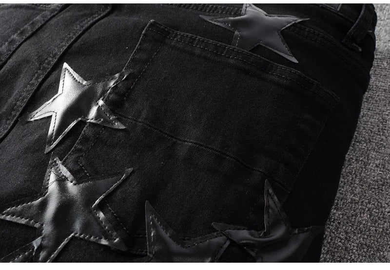 Ebony Black Stars Patch Jeans , - Streetwear Jeans - Slick Street