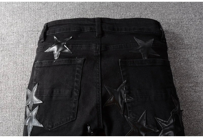 Ebony Black Stars Patch Jeans , - Streetwear Jeans - Slick Street