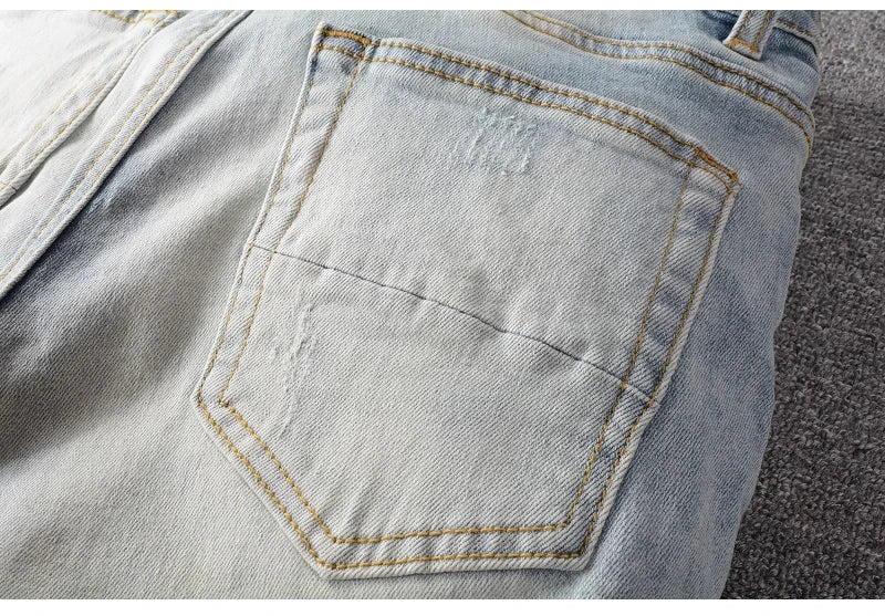 Light Blue Crystal Holes Pencil Pants , - Streetwear Pants - Slick Street