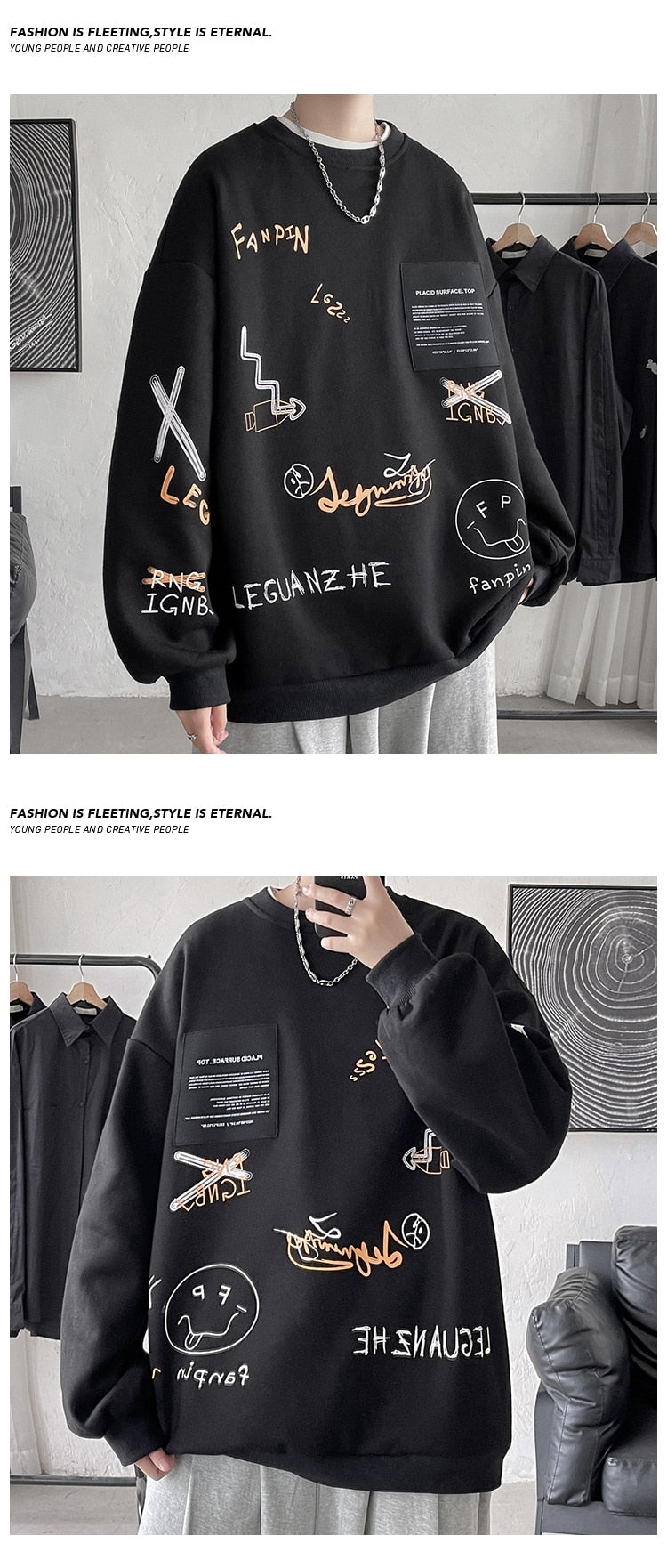 VEGUANZHE Emoji Pattern Pullover Sweatshirt , - Streetwear Sweatshirts - Slick Street