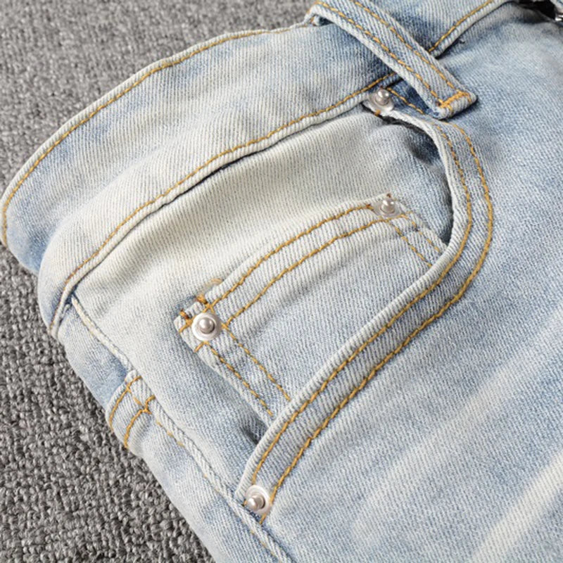 Light Blue Crystal Holes Pencil Pants , - Streetwear Pants - Slick Street