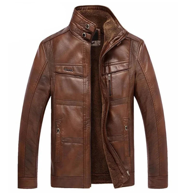 Mandarin Collar Leather Zipper Jacket Light Brown, M - Streetwear Jacket - Slick Street