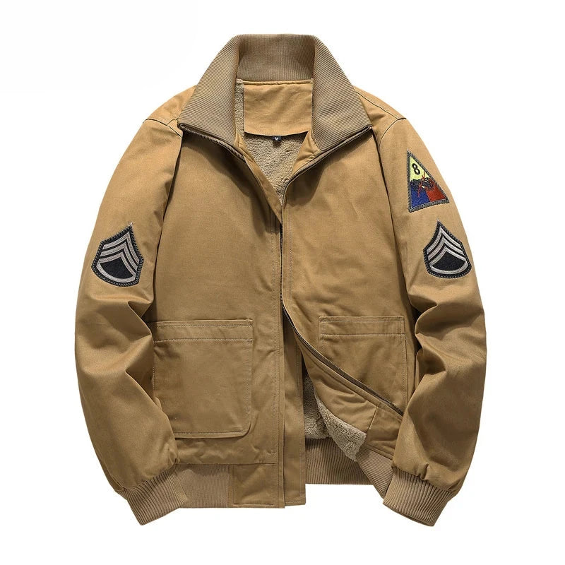 Patchwork Zipper Chief Bomber Jacket Khaki, M - Streetwear Jacket - Slick Street