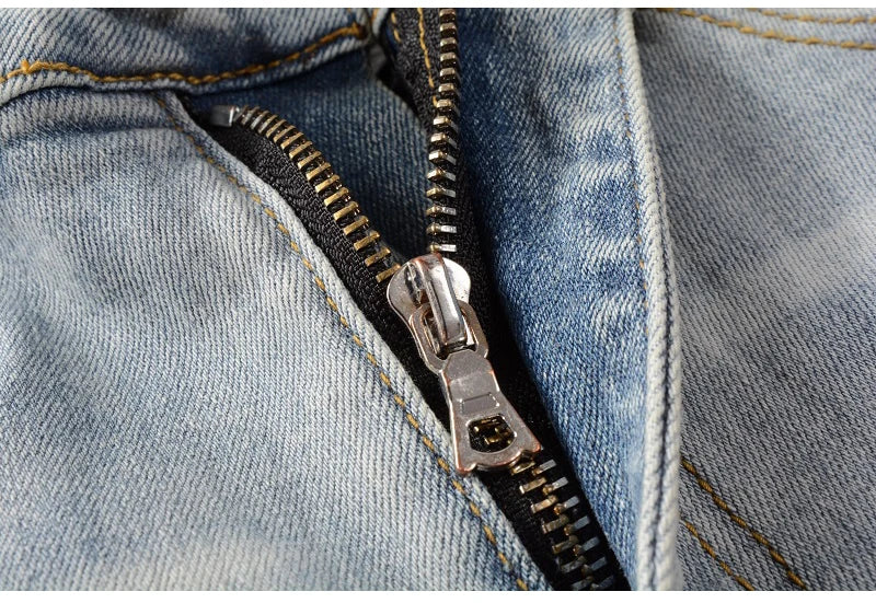 Light Blue Crystal Holes Pencil Pants , - Streetwear Pants - Slick Street