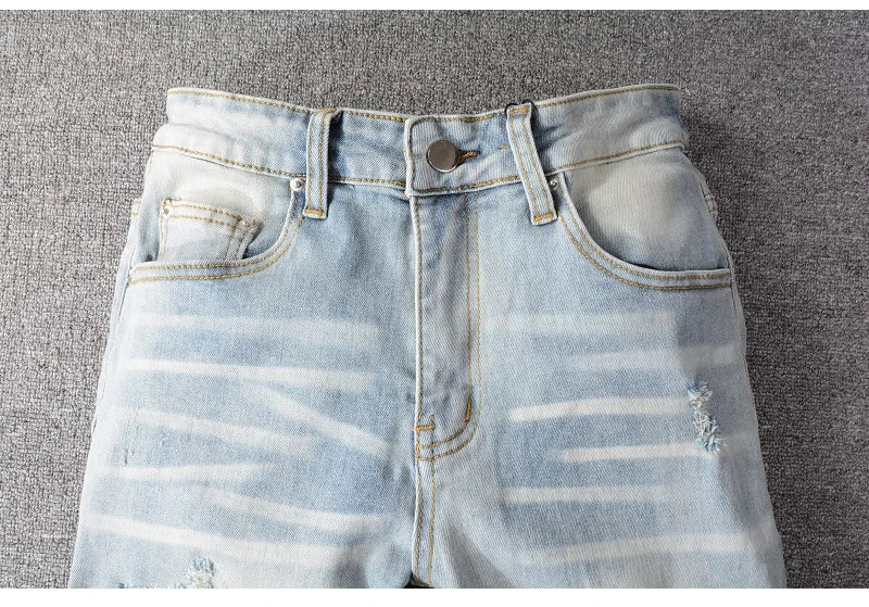 Light Blue Crystal Holes Pencil Pants , - Streetwear Pants - Slick Street