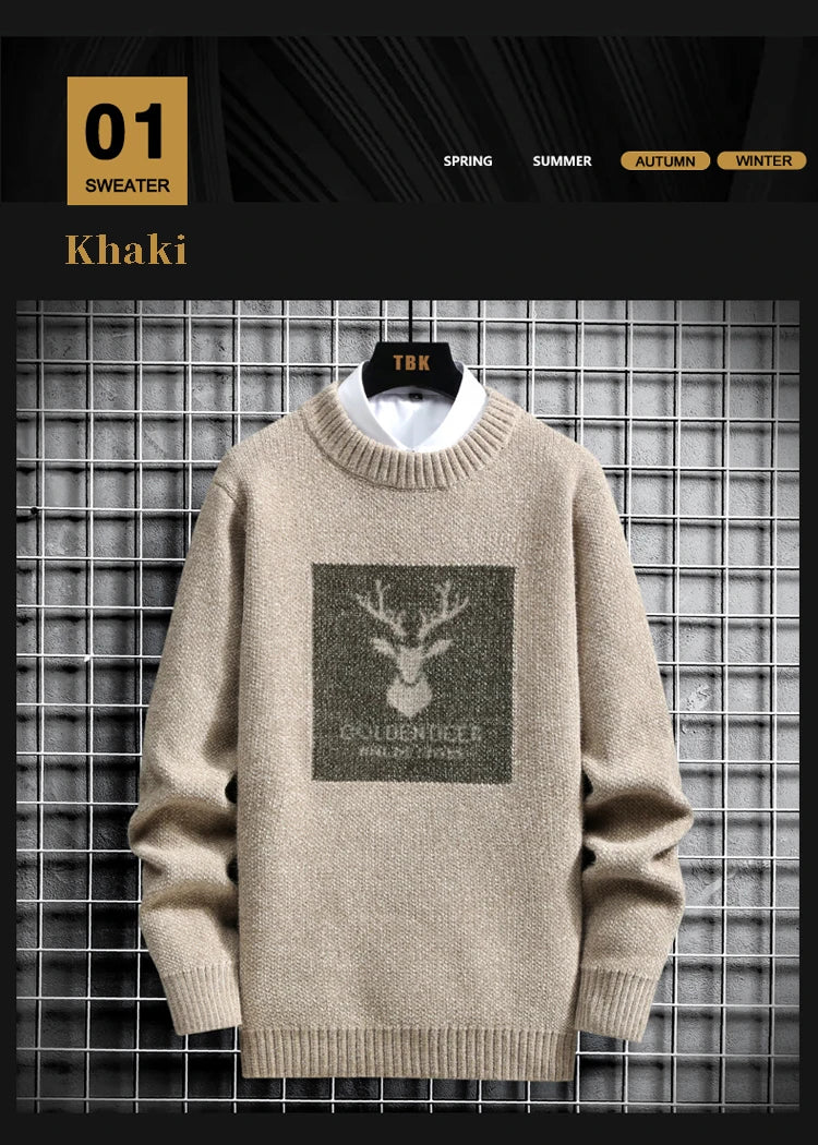 Deer Padded Velvet Pullover Sweater 891-Khaki, M - Streetwear Sweater - Slick Street