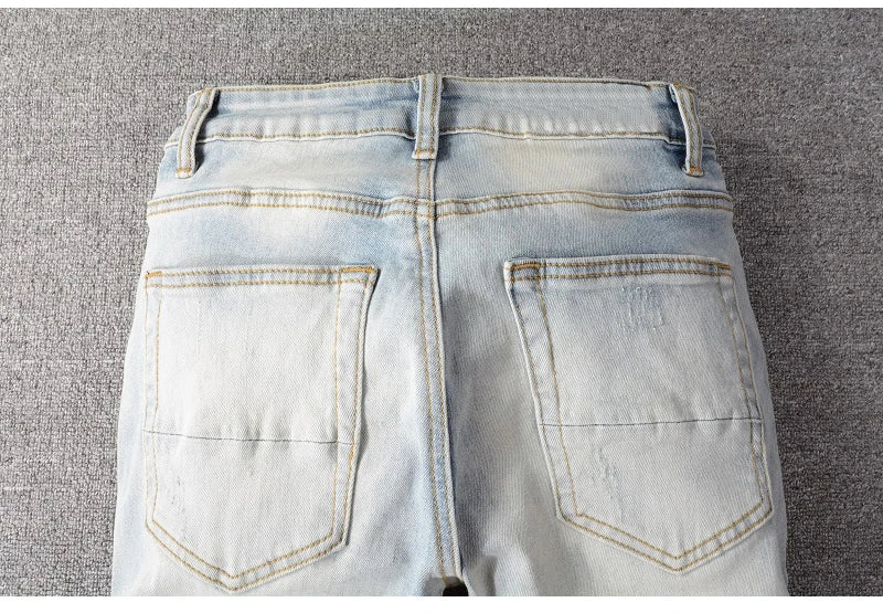 Light Blue Crystal Holes Pencil Pants , - Streetwear Pants - Slick Street