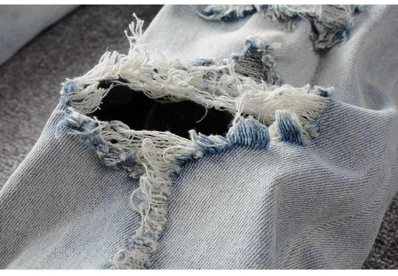Light Blue Crystal Holes Pencil Pants , - Streetwear Pants - Slick Street