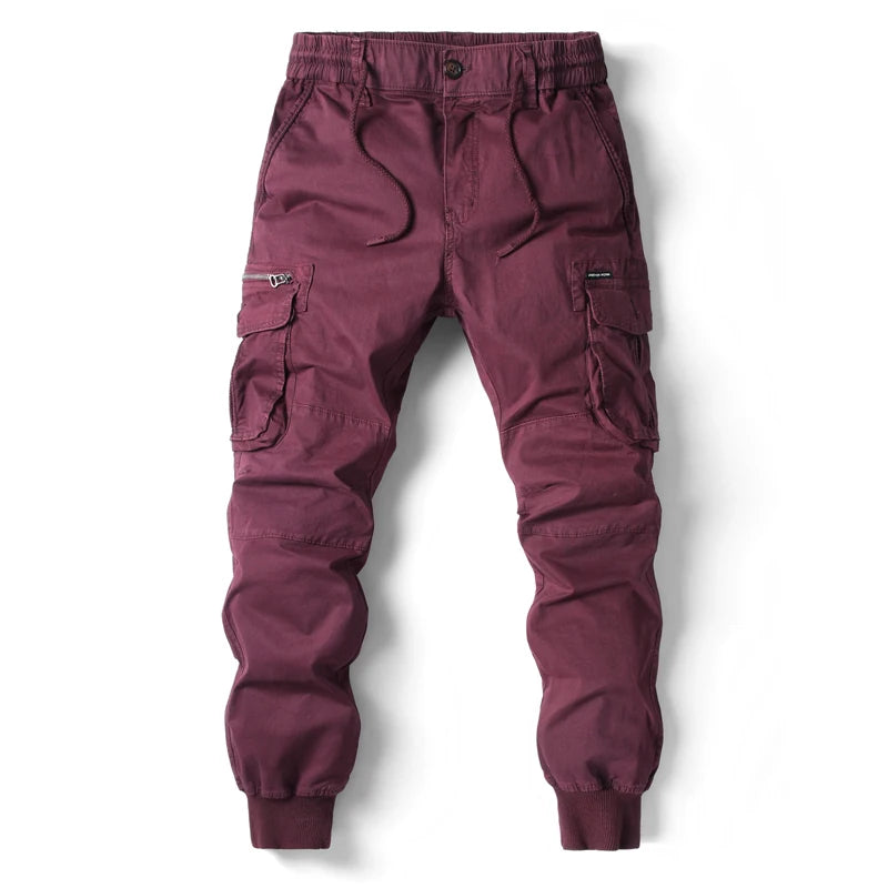 Rib Style Side Pockets Cargo Pants Wine Red, 29 - Streetwear Pants - Slick Street