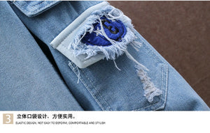 Devil Lion Cloud Denim Ripped Hooded Jacket ,  - Streetwear Jacket - Slick Street