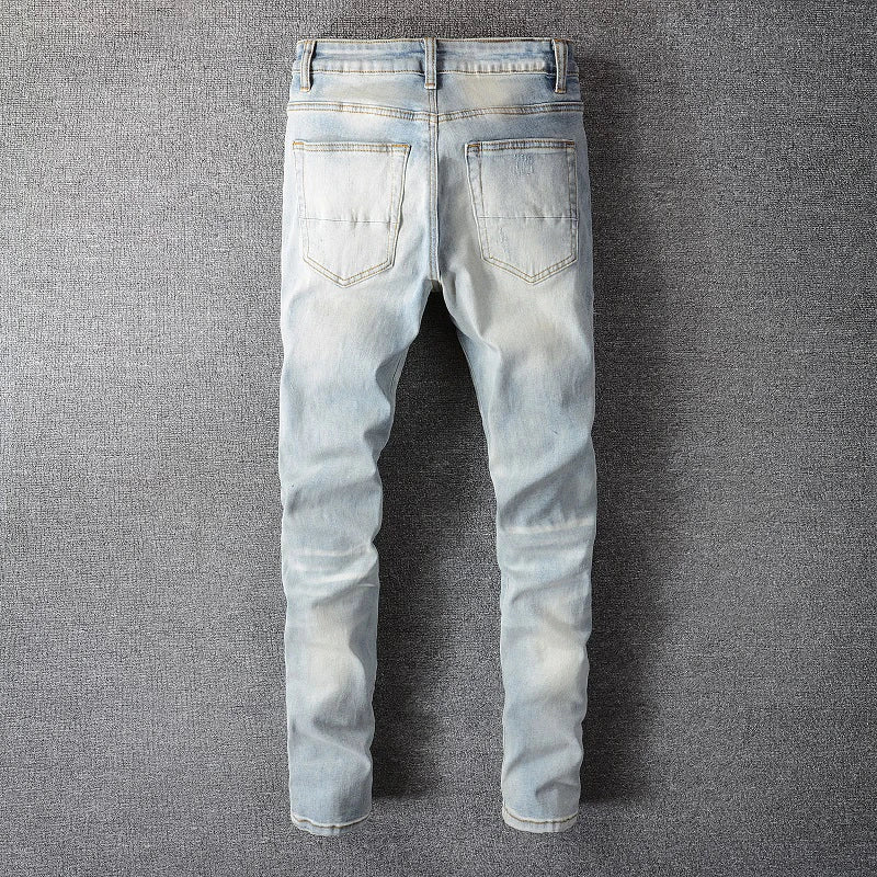 Light Blue Crystal Holes Pencil Pants , - Streetwear Pants - Slick Street