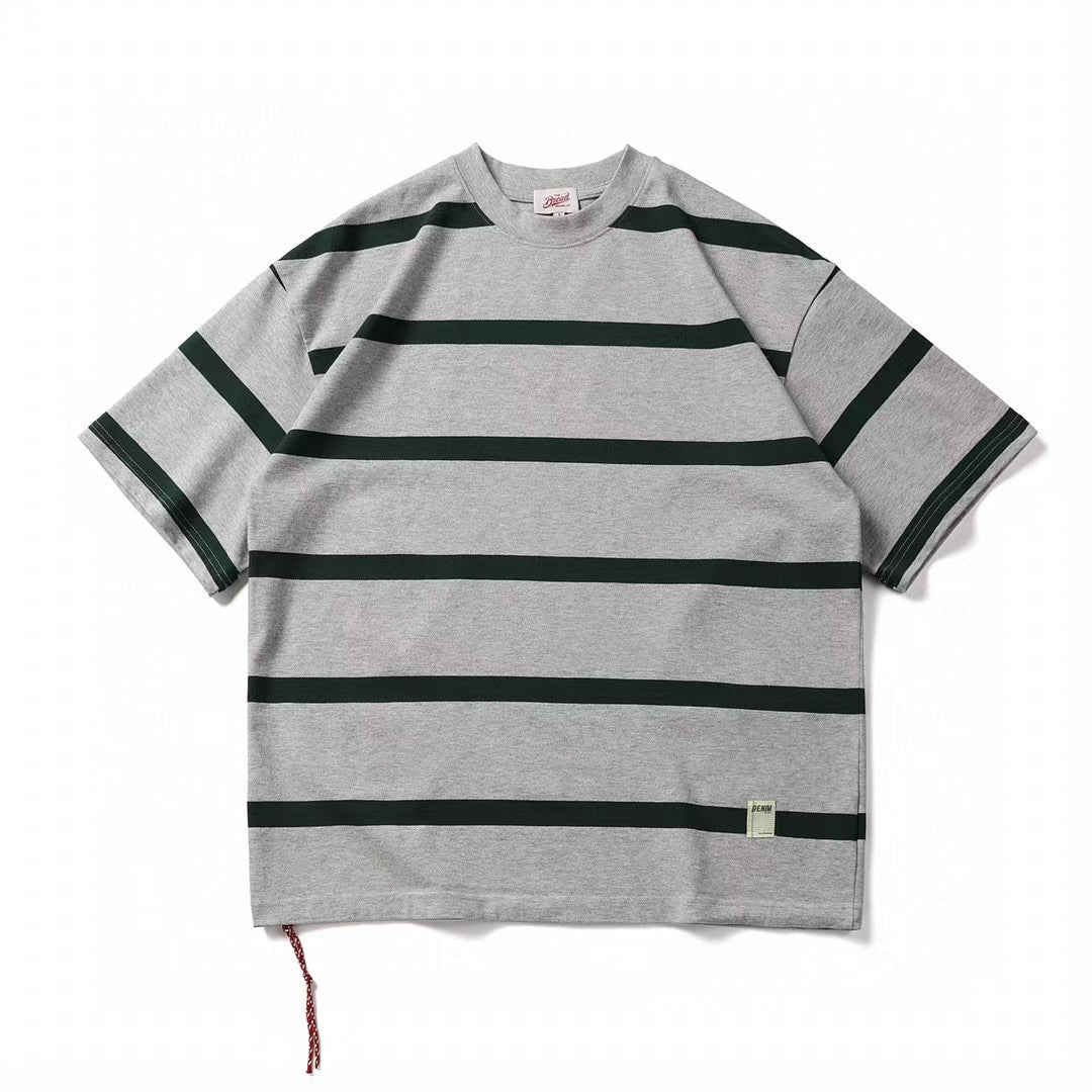 Retro Heavyweight Striped Cotton Tee Grey Green Stripes, XXS - Streetwear T-Shirt - Slick Street