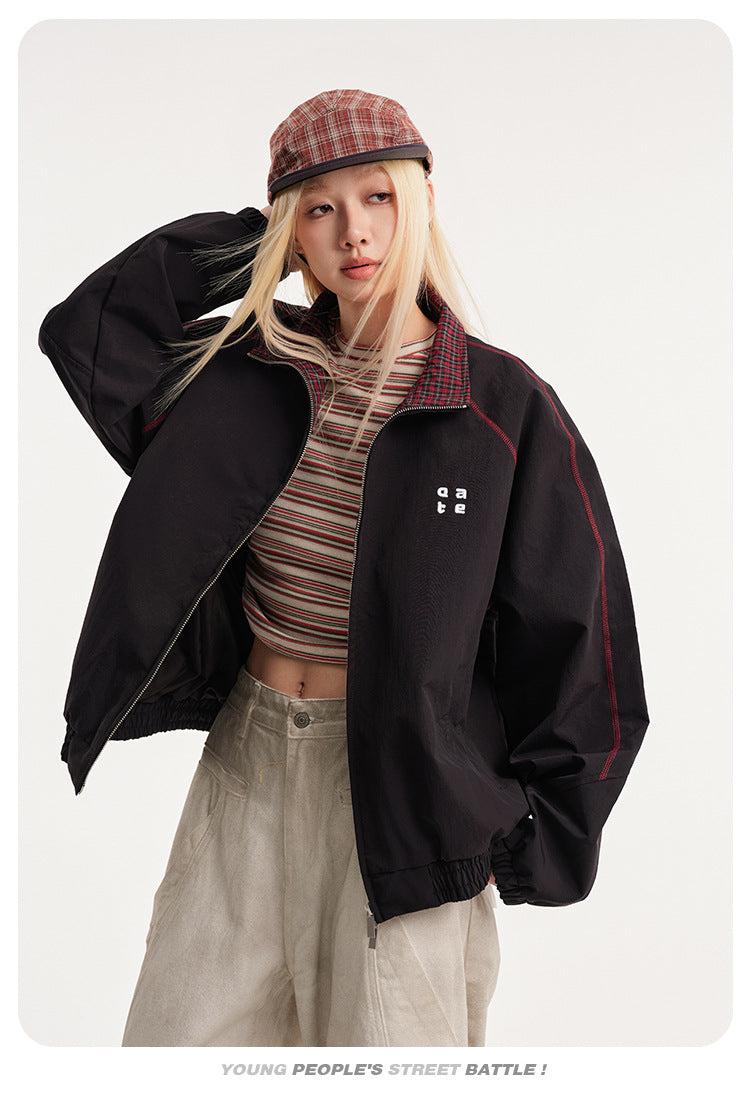Retro Varsity Plaid Stand Collar Jacket , - Streetwear Jacket - Slick Street