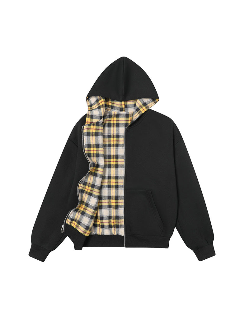 Plaid Reversible Zip Hoodie - Black Yellow , - Streetwear Hoodie - Slick Street