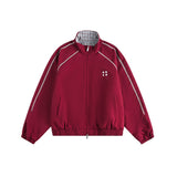 Retro Varsity Plaid Stand Collar Jacket Burgundy, XS - Streetwear Jacket - Slick Street