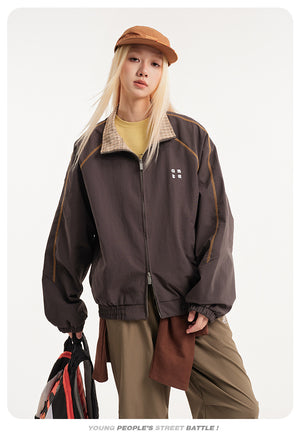 Retro Varsity Plaid Stand Collar Jacket , - Streetwear Jacket - Slick Street