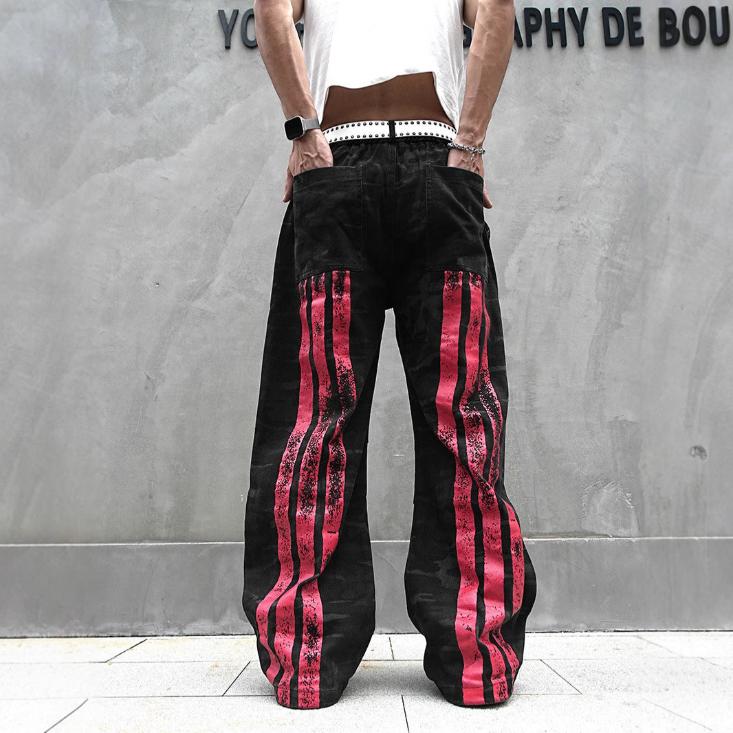 Red Stripe Washed Jeans Black, XS - Streetwear Jeans - Slick Street
