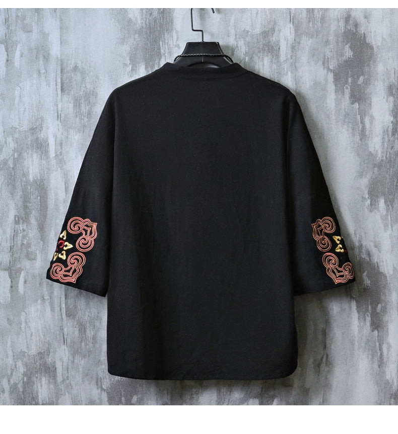 Chinese Embroidered V-Neck Hanfu Tee , - Streetwear T-Shirt - Slick Street