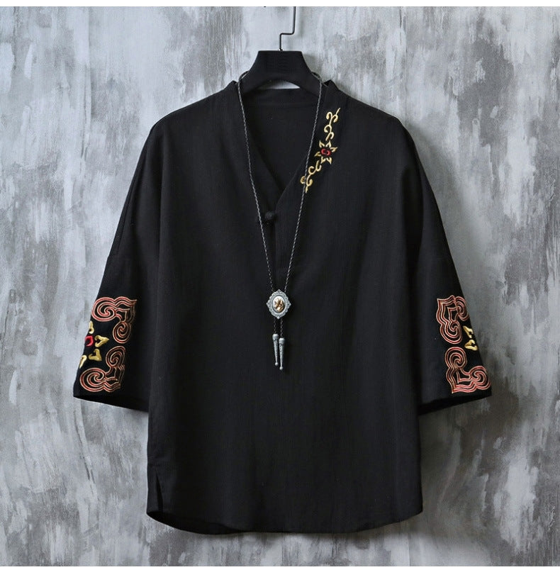 Chinese Embroidered V-Neck Hanfu Tee , - Streetwear T-Shirt - Slick Street