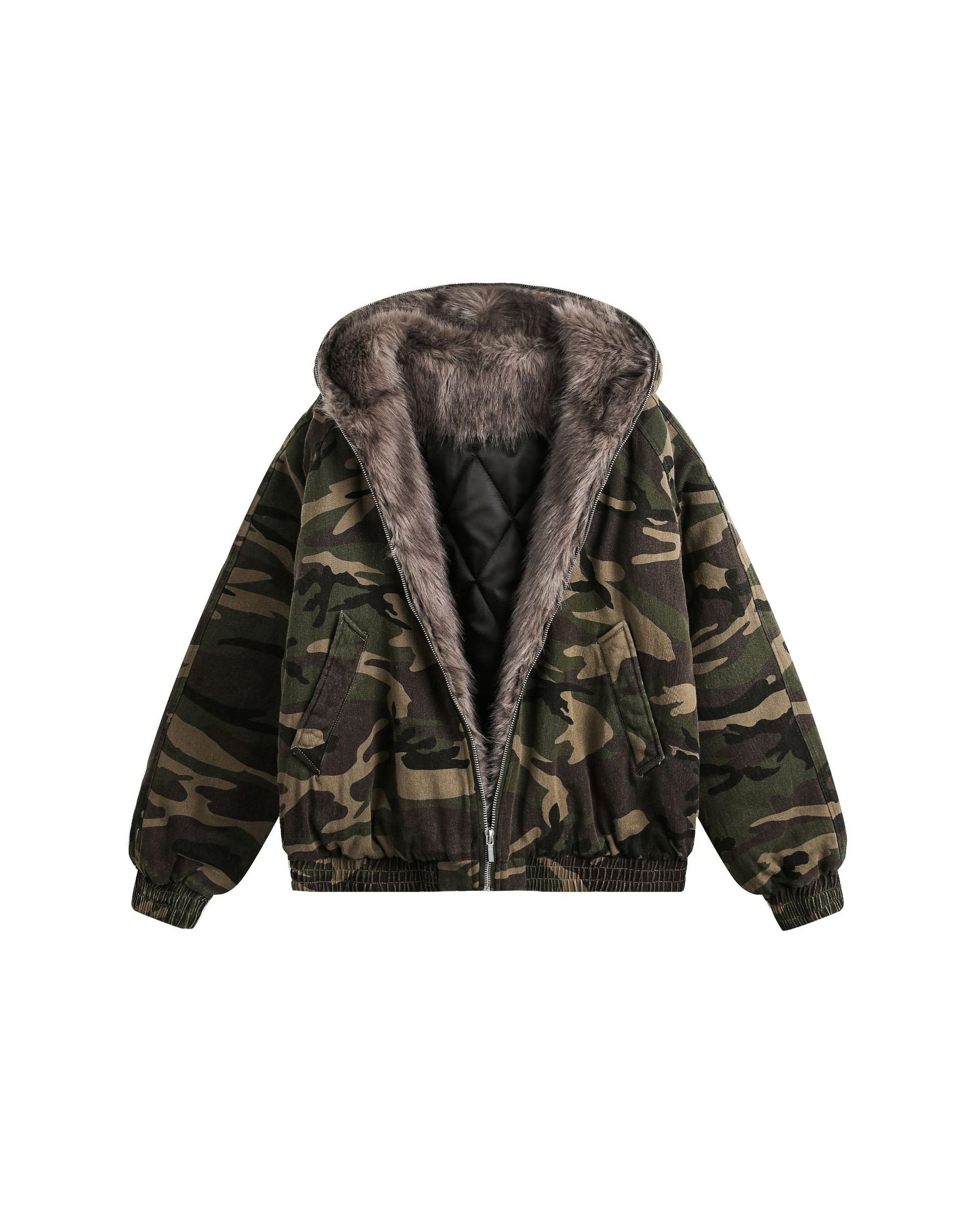 Camouflage Fur Jacket Green Camo, S - Streetwear Jacket - Slick Street