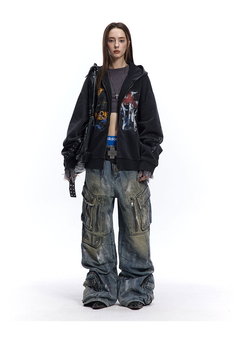 Graffiti Washed Zip Hoodie , - Streetwear Hoodie - Slick Street
