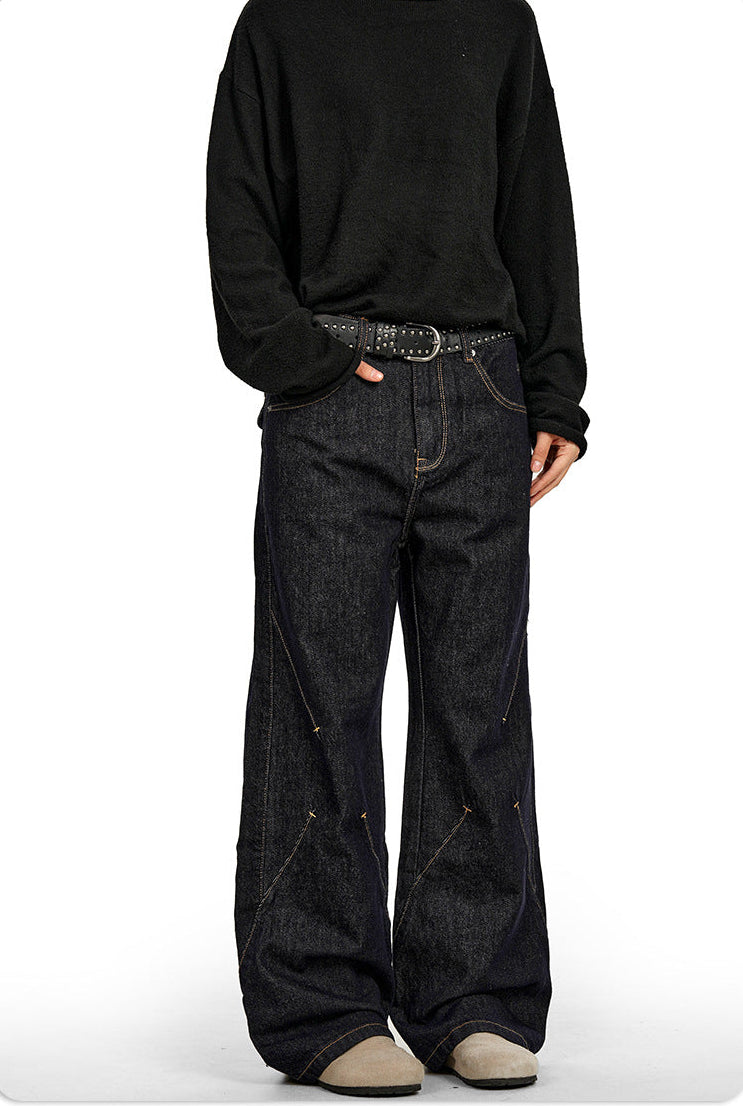 11Kn American Retro Raw Denim Blue Jeans for Men and Women with Visible Stitching, Unique Waist Buckle Design, Slimming, Trendy, Loose Casua