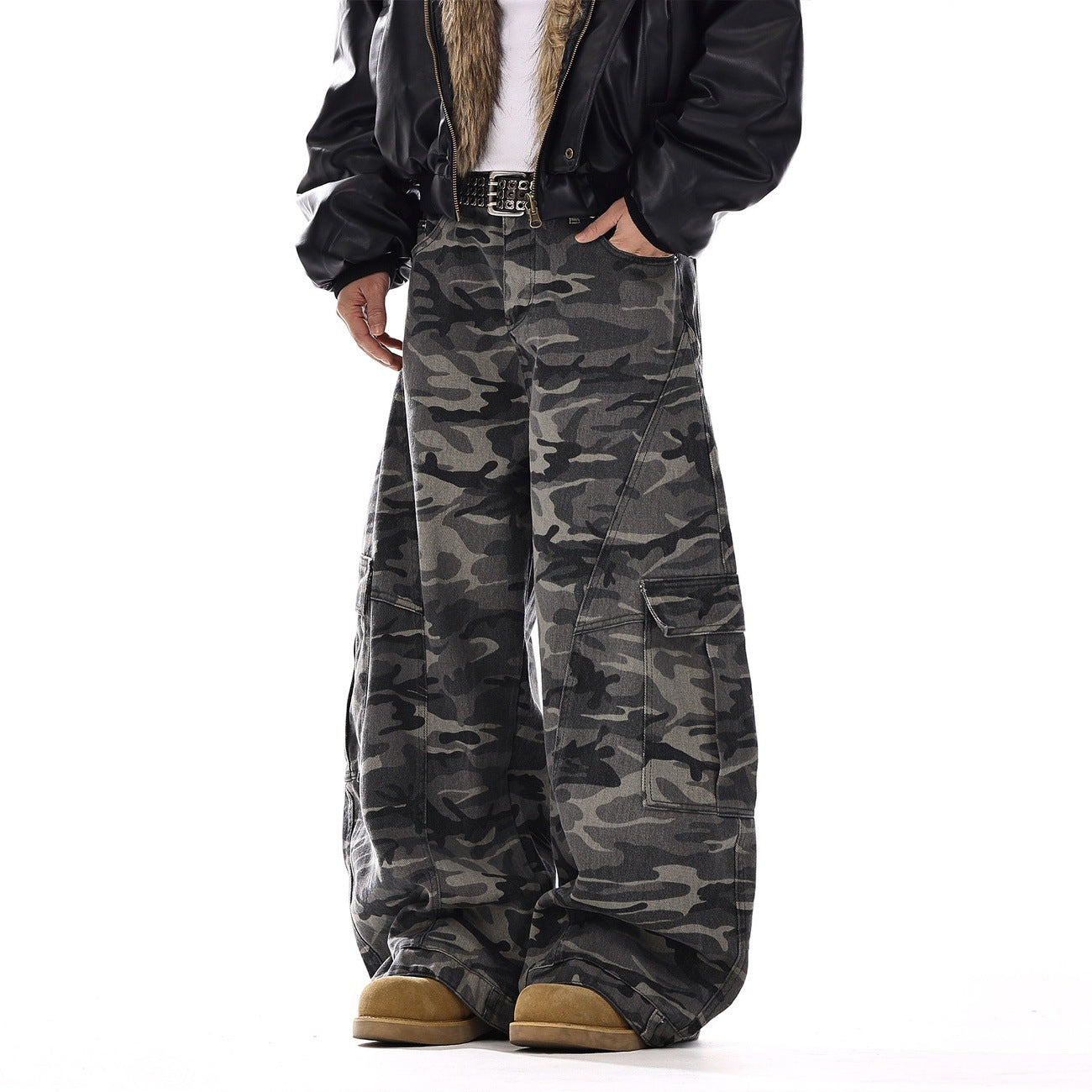 Afterdark Camo Cargo Jeans Camouflage, 28 - Streetwear Cargo Pants - Slick Street
