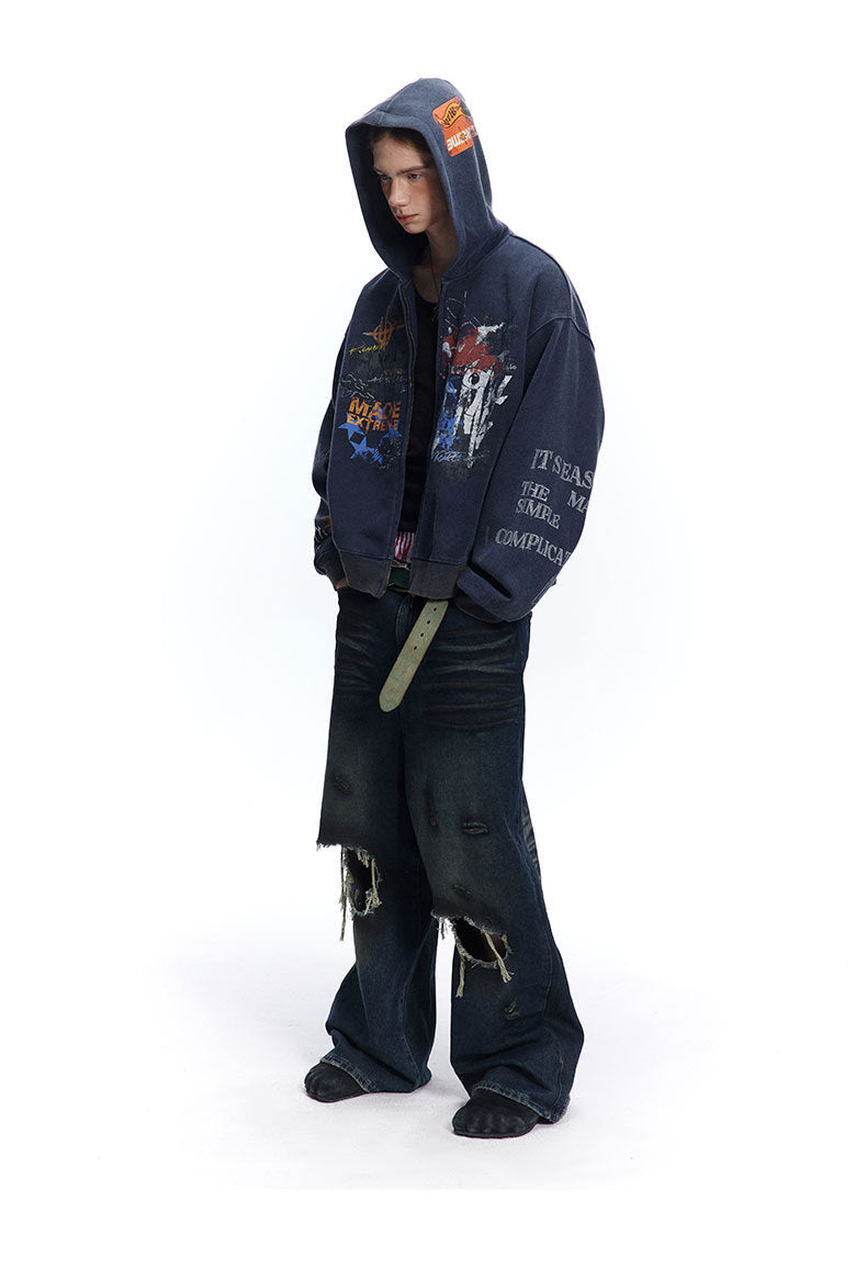 Graffiti Washed Zip Hoodie , - Streetwear Hoodie - Slick Street
