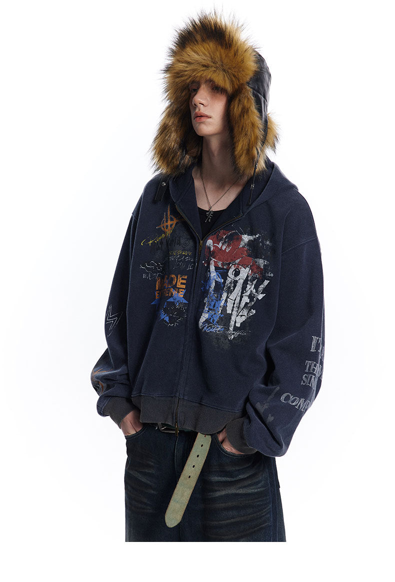 Graffiti Washed Zip Hoodie , - Streetwear Hoodie - Slick Street