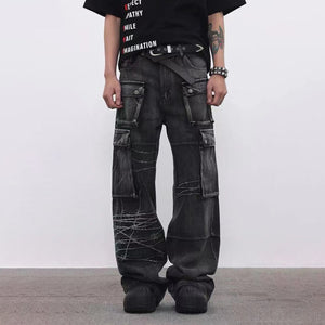 Barbed Baggy Embroidery Cargo Pants , - Streetwear - Slick Street